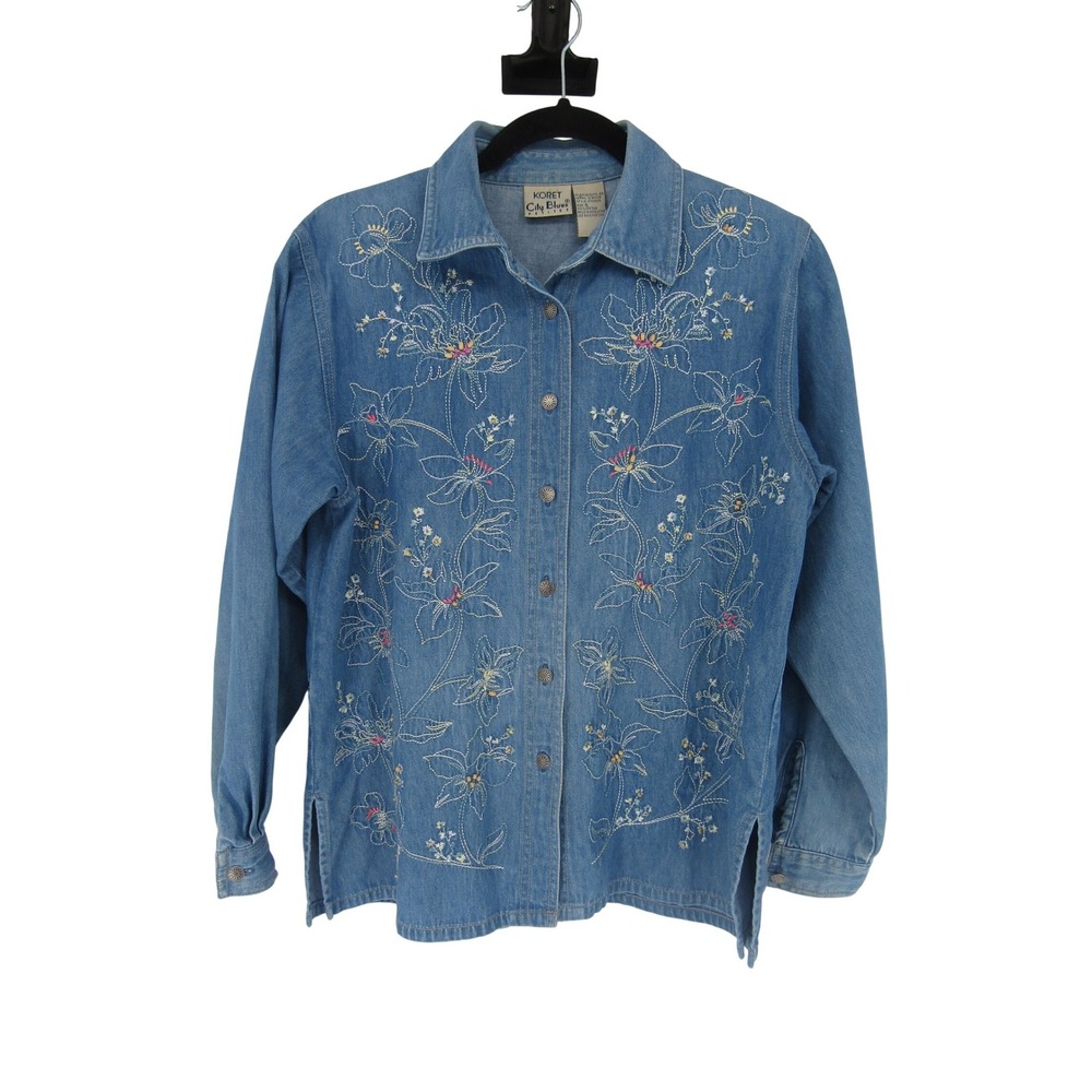 Koret City Blues Denim Shirt Womens Small Blue Floral Embroidered Button Bead